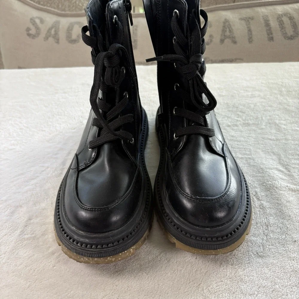 DKNY Crissa Girls Youth 3‎ Black Combat Boots Side Zip Lace Up Glitter Sole